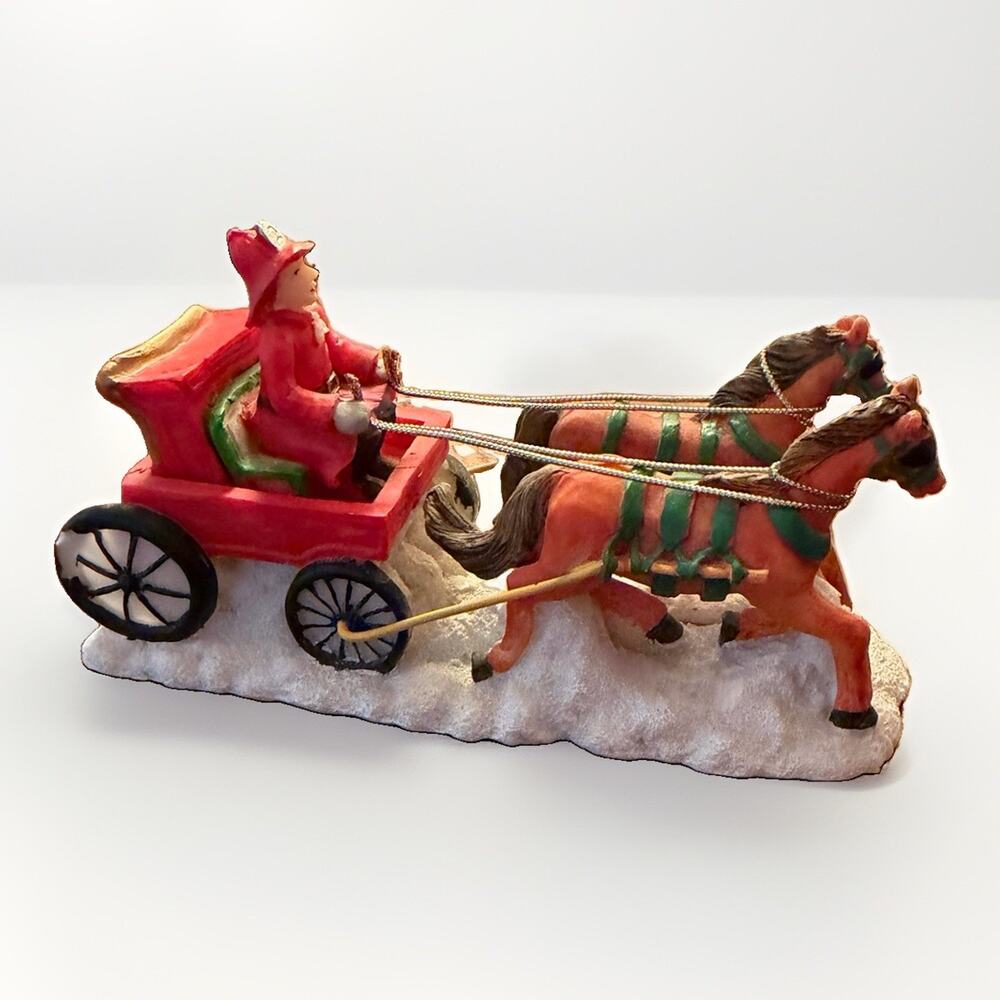 VTG Christmas Village Fire Brigade Horse Drawn Carriage Figurine Resin Holiday